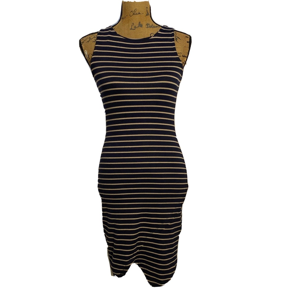 IRIS Dress MED Navy Blue Beige Stripe Bodycon Column Stretch Comfy Casual